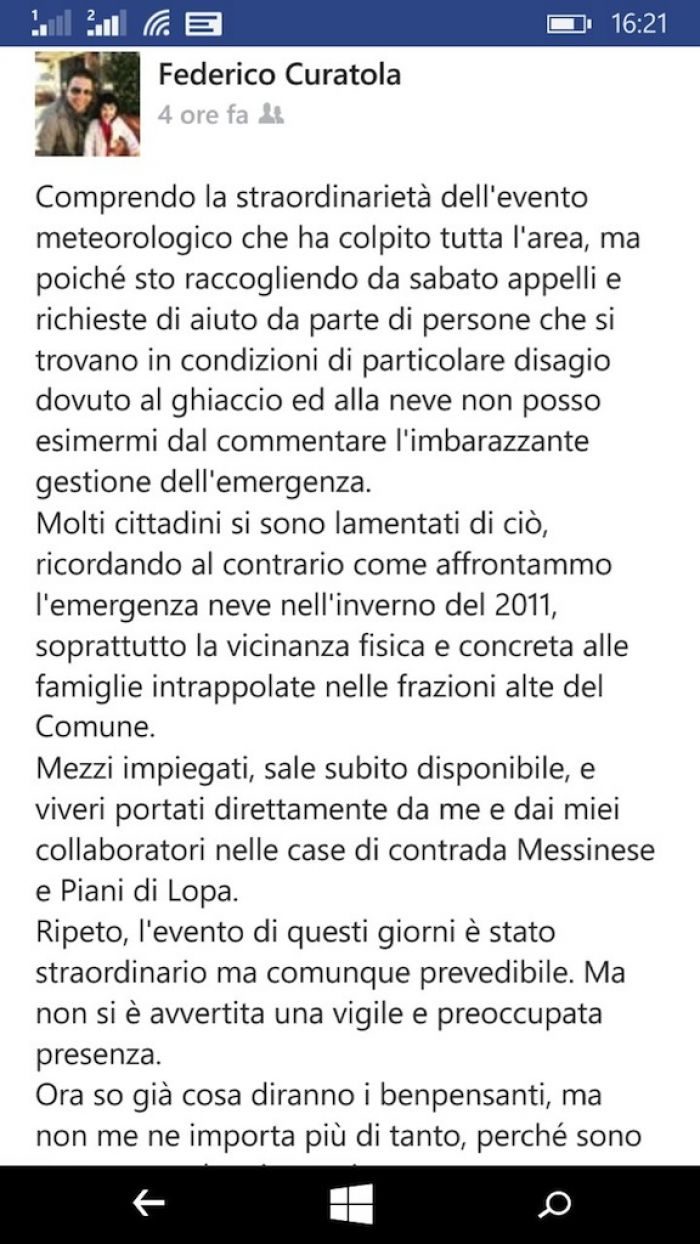 Bagaladi, emergenza ghiaccio. Le parole dell&#039;ex sindaco Federico Curatola