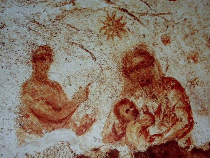 La Natività raffigurata nelle Catacombe di Priscilla, a Roma.